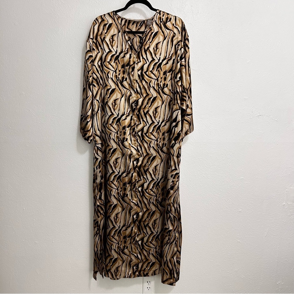 Valerie Stevens Half Zip Kaftan Lounge Robe Gown House Dress Satin Brown Size L